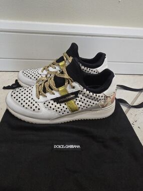 Dolce & Gabbana White Perforated Sneakers with Gold Accents